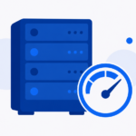 Illustration of a server rack with a speed gauge, in navy blue