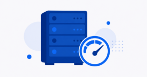 Illustration of a server rack with a speed gauge, in navy blue