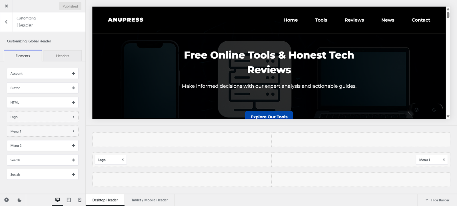 Blocksy theme review screenshot of the drag-and-drop header builder in the WordPress Customizer
