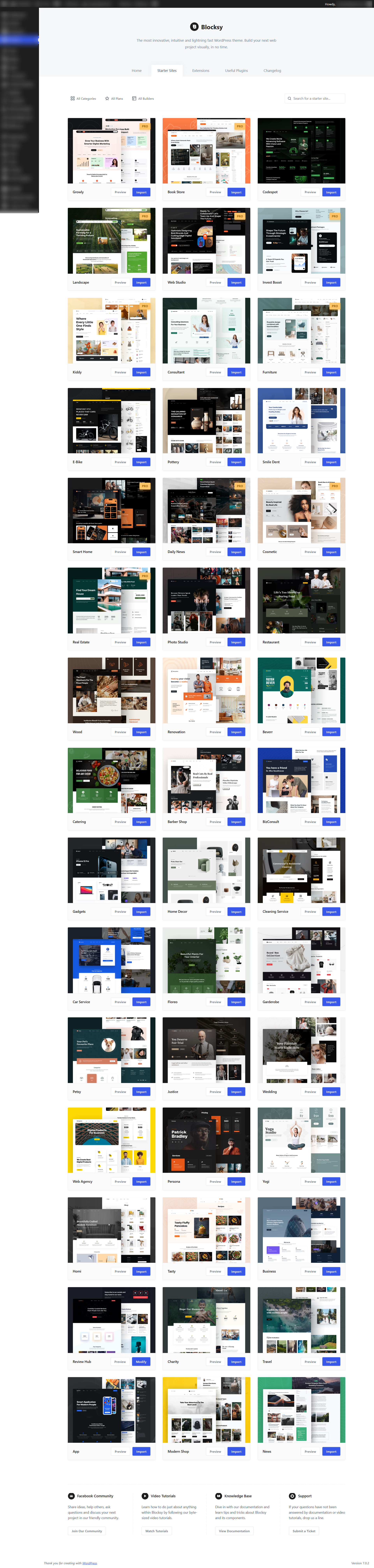 Blocksy theme review screenshot of the starter sites import screen with several templates visible