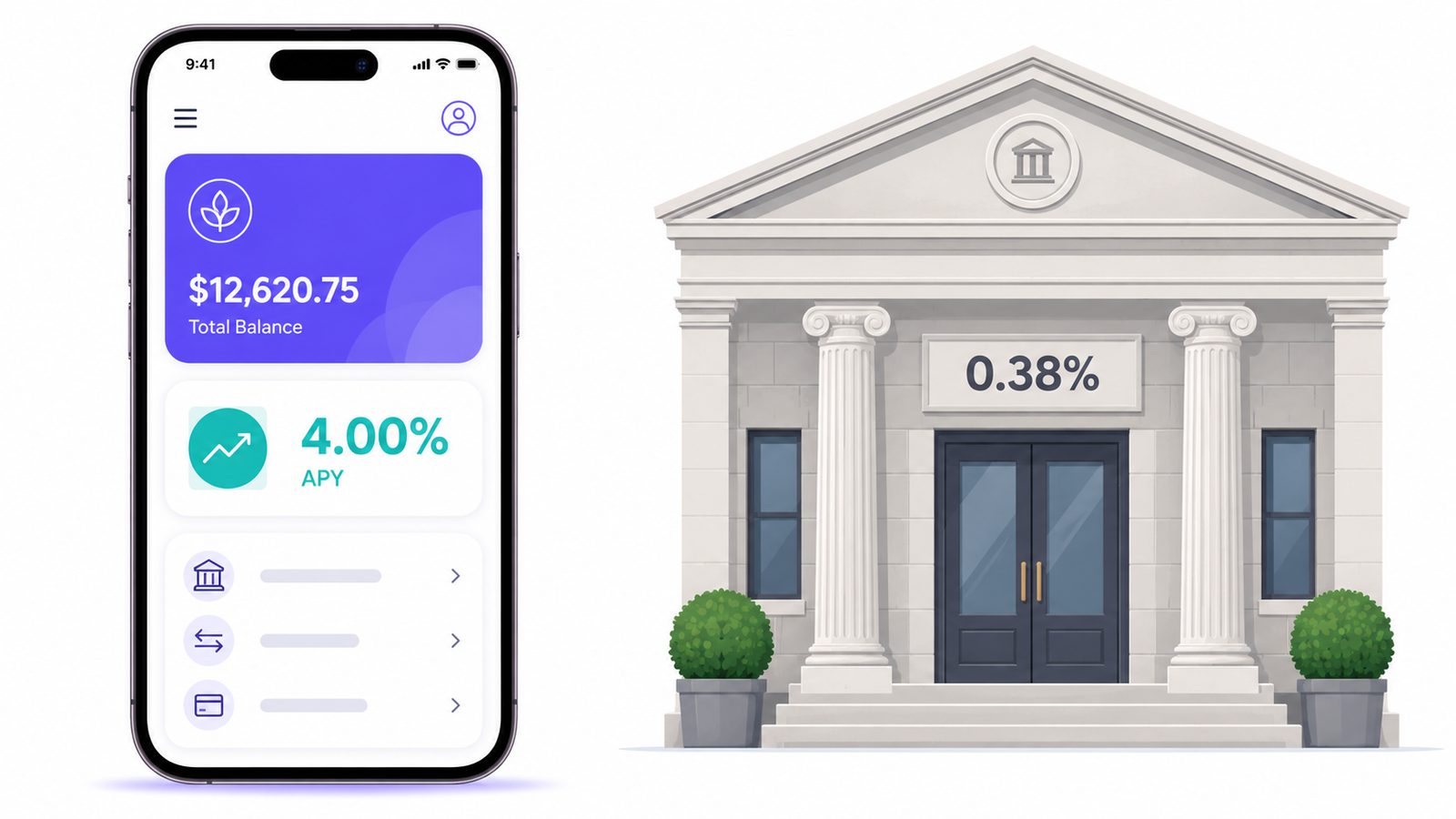 Online bank app on a smartphone compared with a traditional bank branch in 2026