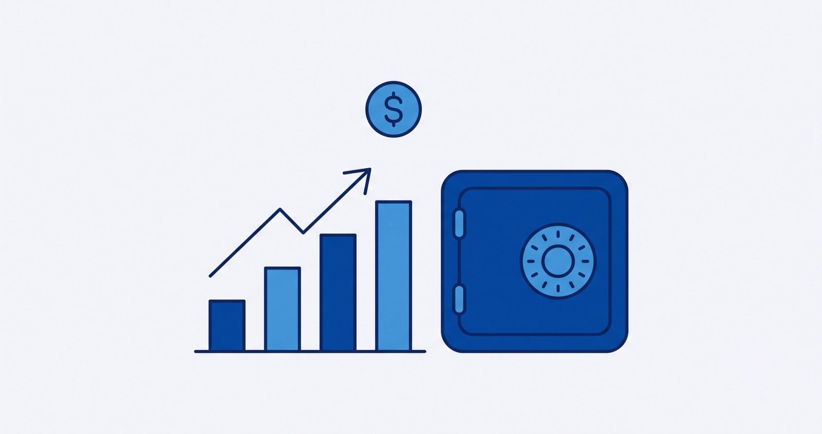 Financial products icon — a bank vault and rising chart representing in-depth reviews of credit cards and banking services