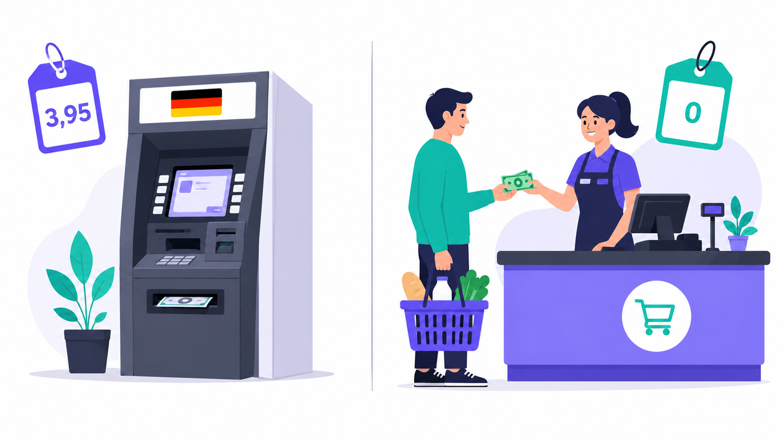 German ATM withdrawal fee compared with free cash at the supermarket checkout through the Visa cash service