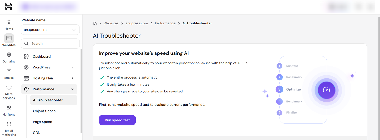 Hostinger hPanel Performance AI Troubleshooter screenshot showing WordPress speed test results