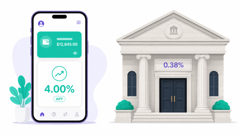 Online bank app on a smartphone compared with a traditional bank branch in 2026