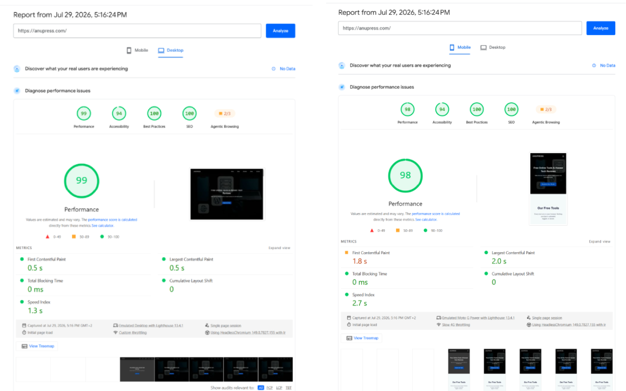 Google PageSpeed Insights report showing Core Web Vitals scores for a WordPress site