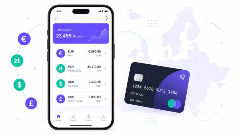 Revolut app concept showing multi-currency balances in euros, zloty, dollars and pounds on a smartphone.