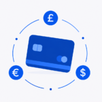 Revolut review illustration of a payment card with three currency symbols orbiting it