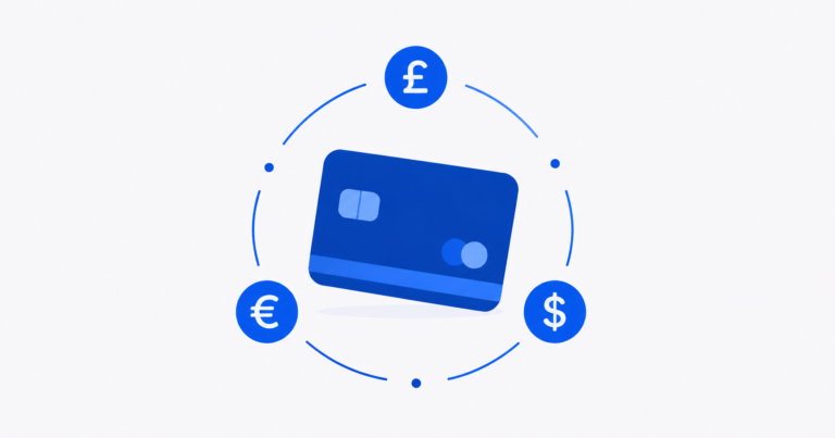 Revolut review illustration of a payment card with three currency symbols orbiting it