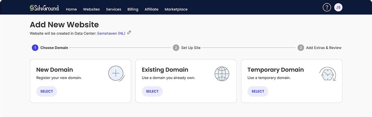 SiteGround setup wizard step 1: choosing a new, existing or temporary domain