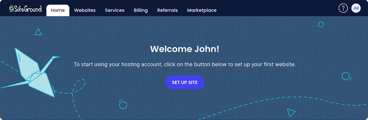 SiteGround Client Area welcome screen with a Set Up Site button