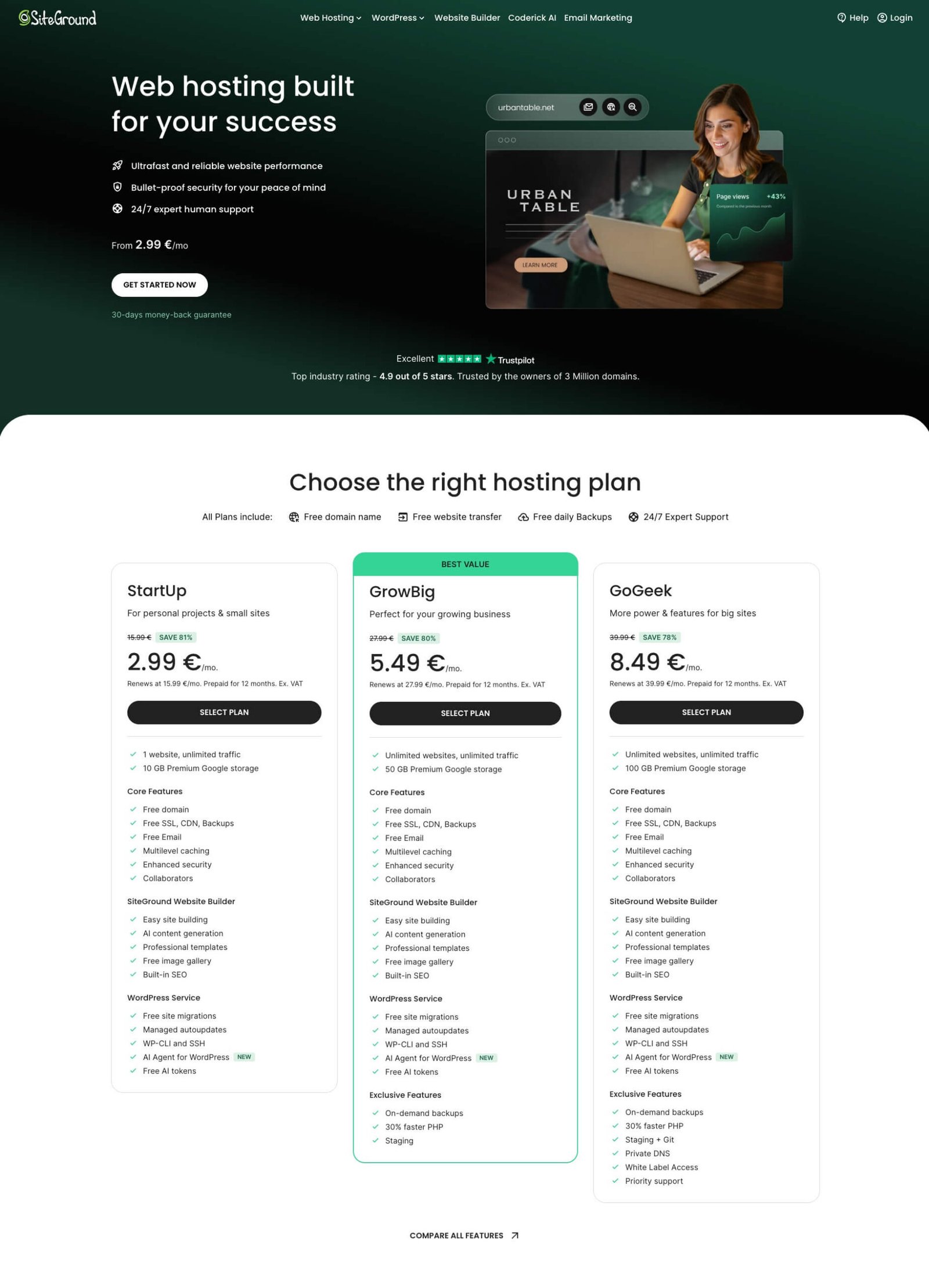 SiteGround checkout step 1: choosing between StartUp, GrowBig and GoGeek hosting plans