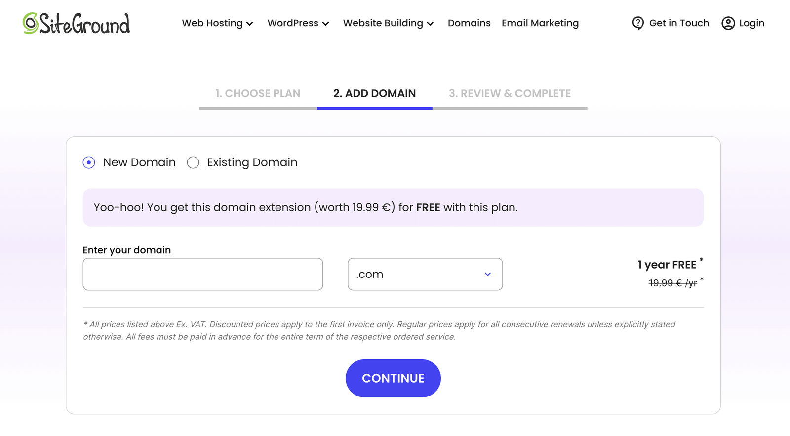 SiteGround checkout step 2: registering a new domain or using an existing one