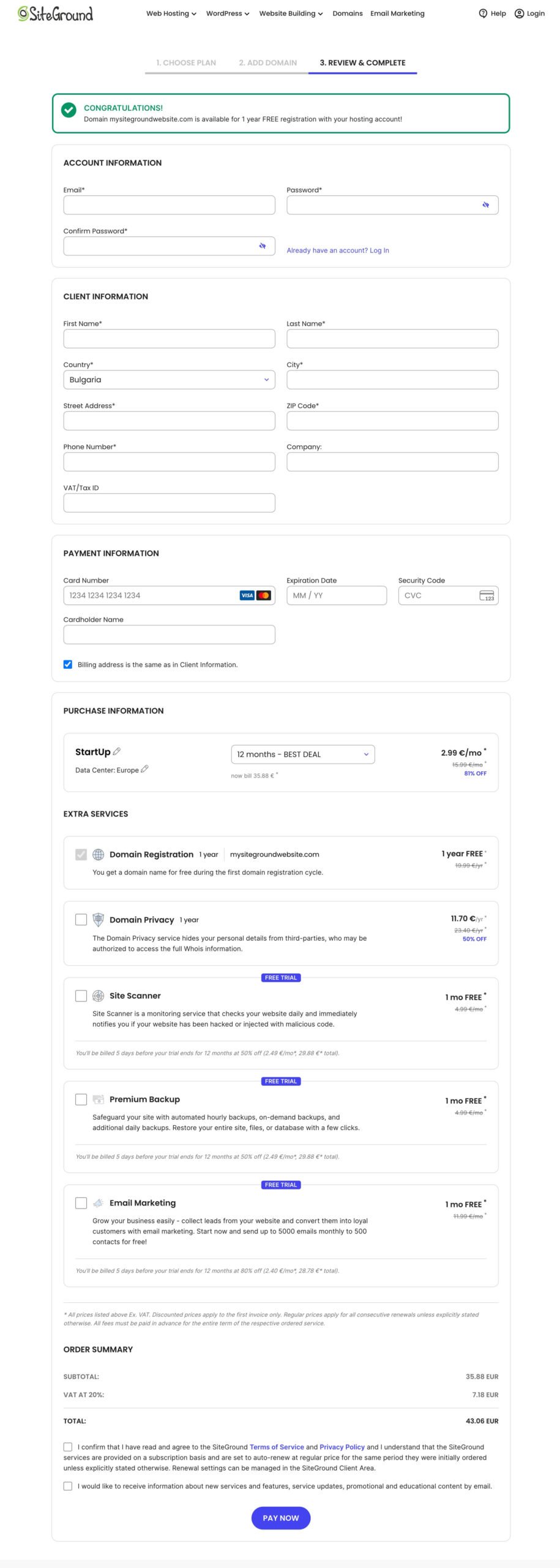 SiteGround checkout step 3: account details, payment information and order summary with optional extras