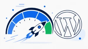 WordPress speed optimization checklist illustration showing a speedometer in the green zone next to a WordPress logo