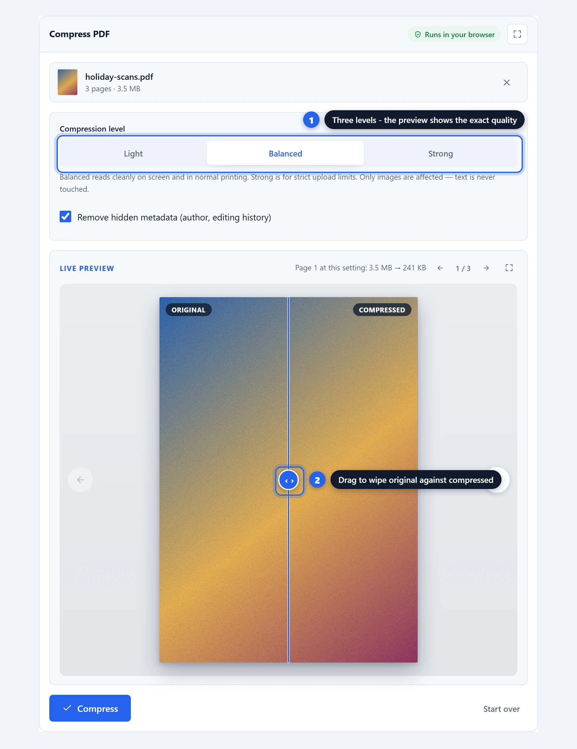 Compress PDF preview comparing original and compressed quality with a draggable divider