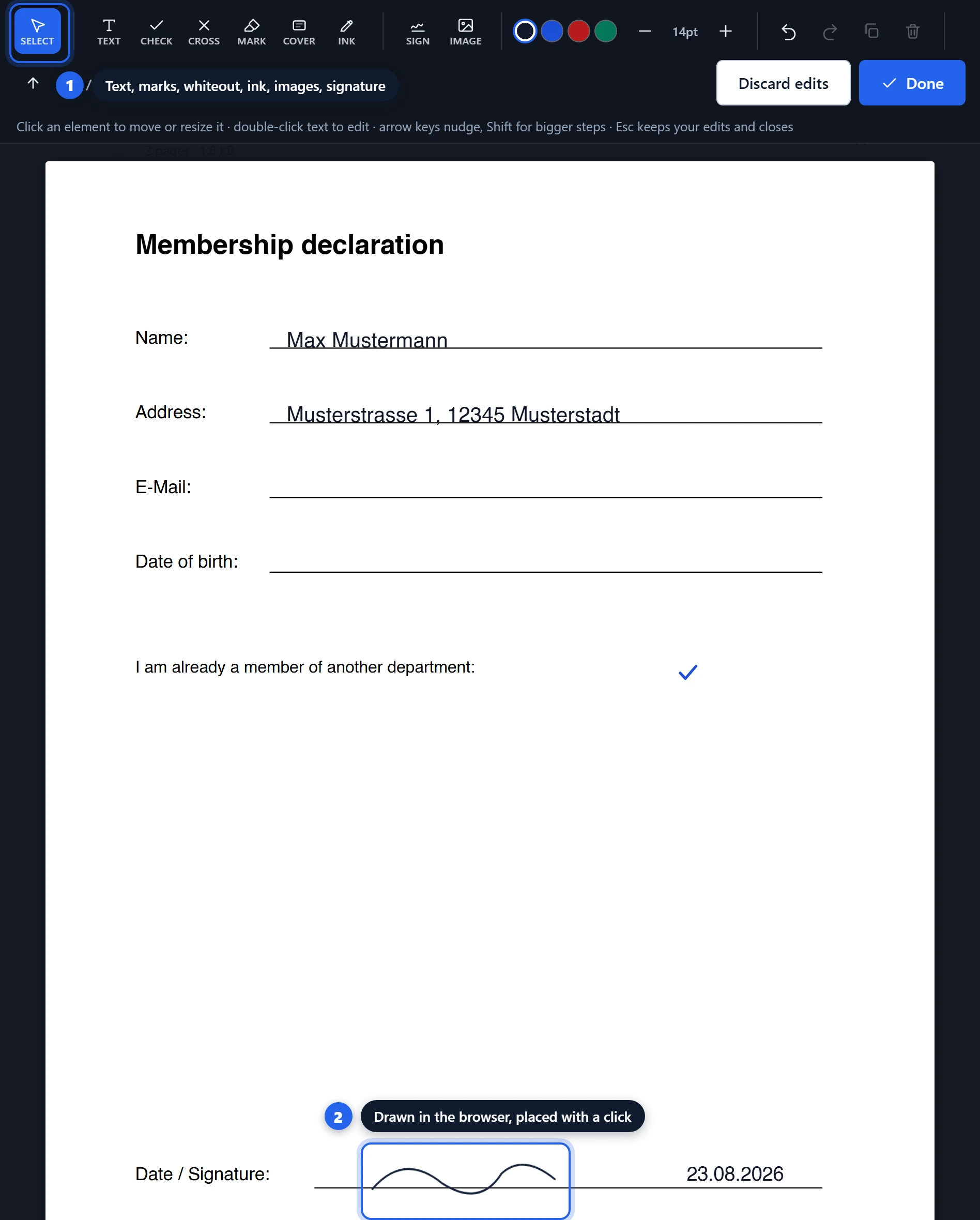The PDF editor filling a membership form with text, a checkmark, a date and a drawn signature
