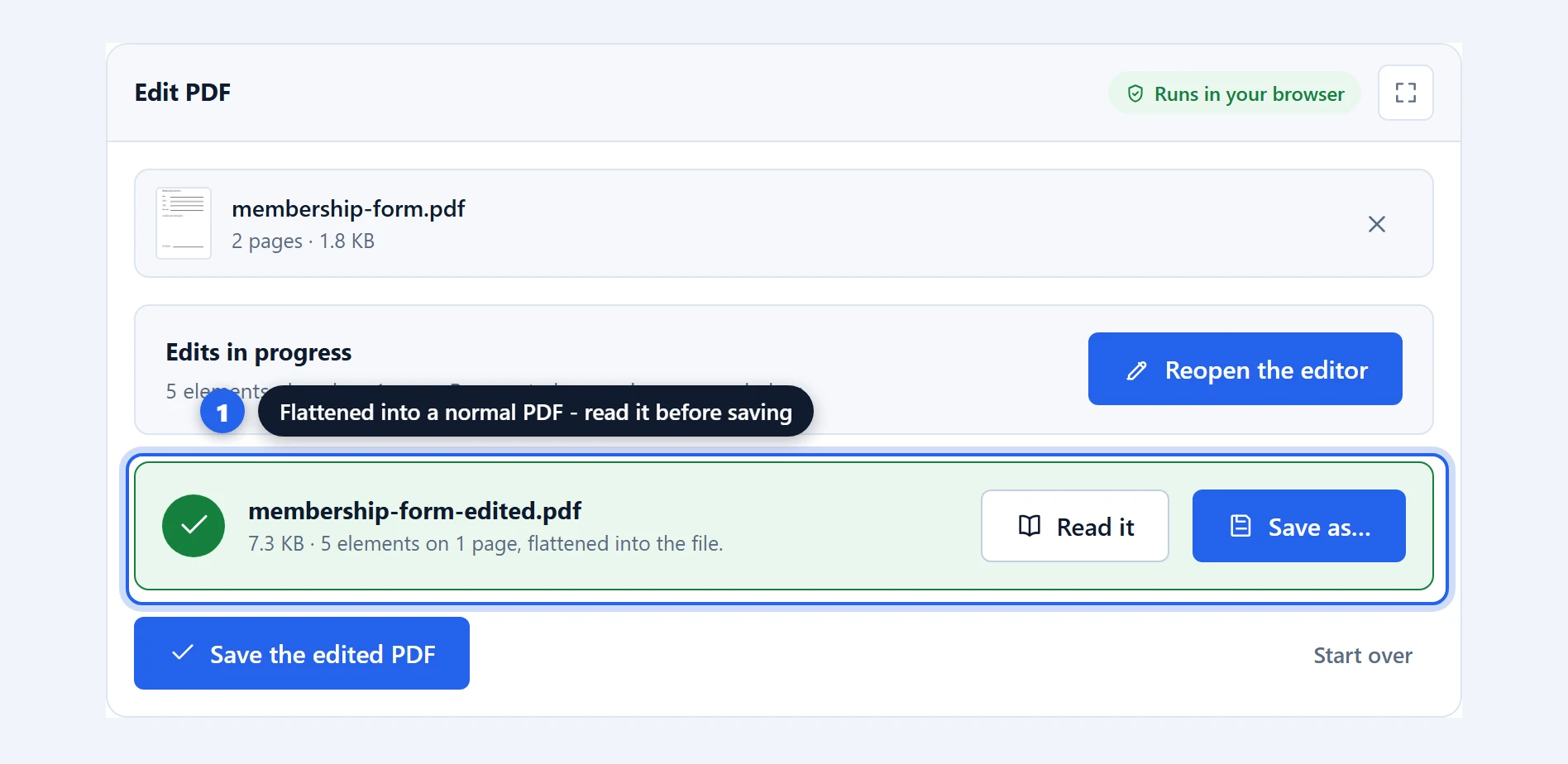The edited PDF flattened and ready, with a Read it button to check it before saving
