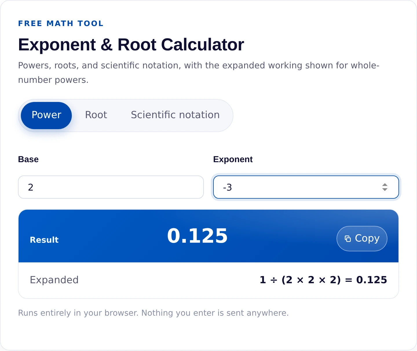 Exponent calculator showing 2 to the power of negative 3 equals 0.125