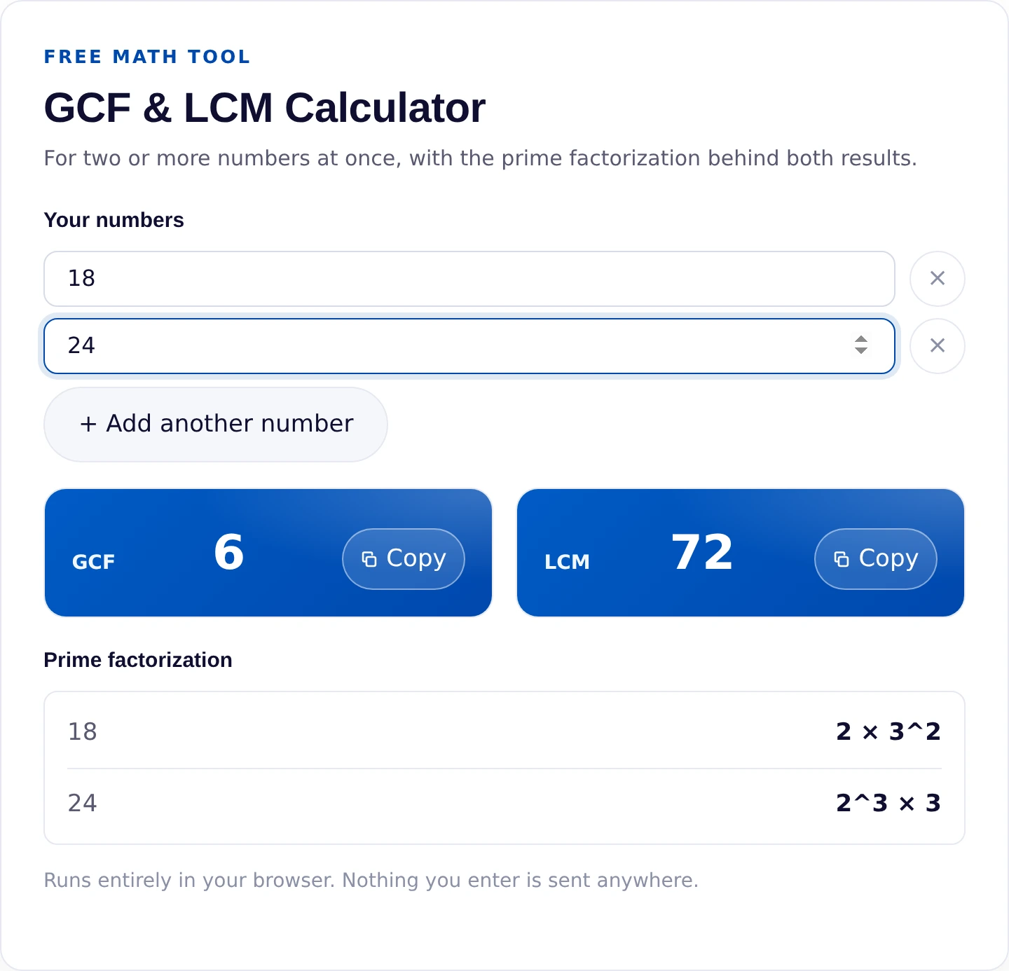 GCF and LCM calculator showing the greatest common factor 6 and least common multiple 72 for 18 and 24
