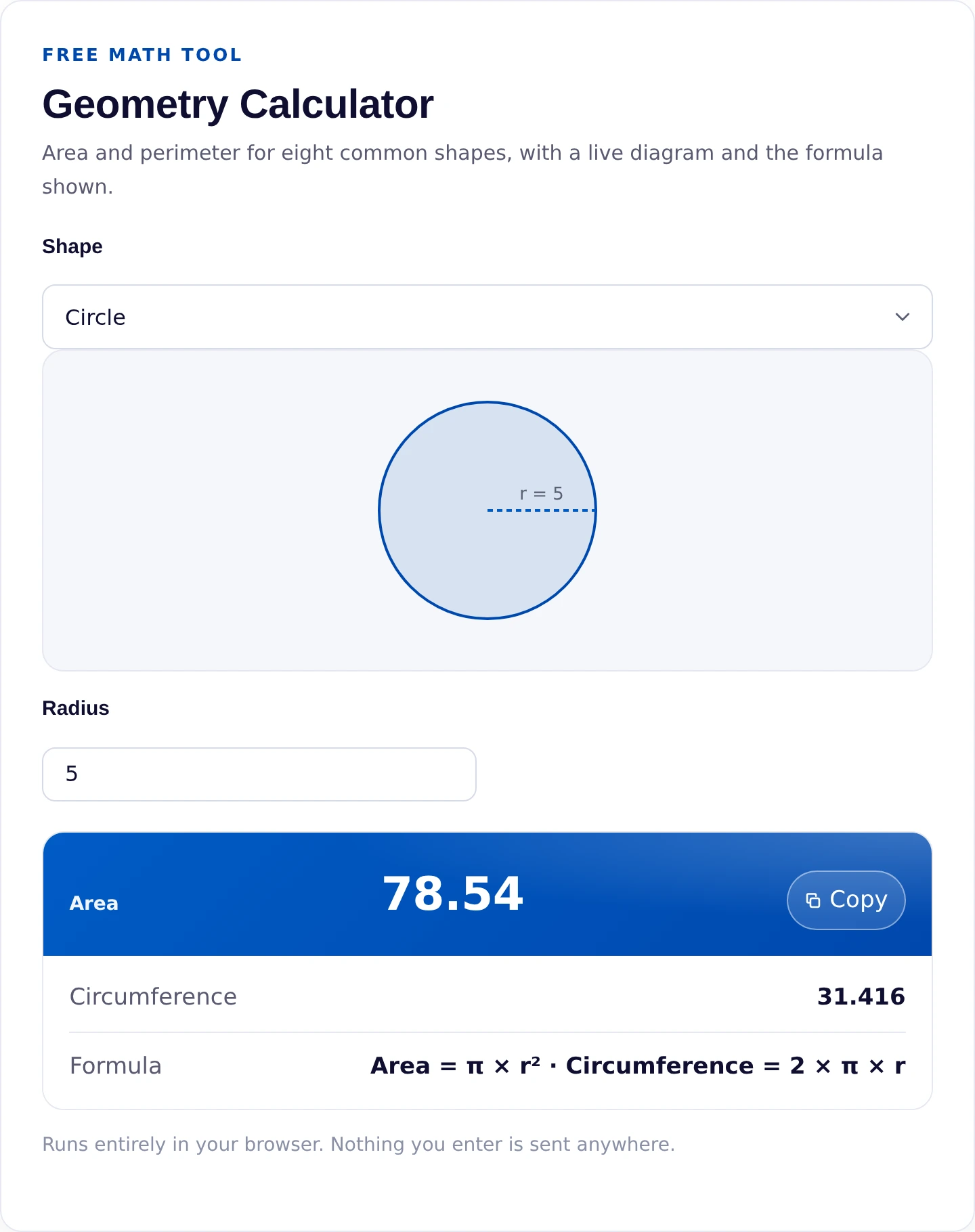 Geometry calculator showing a circle with radius 5 and its area and circumference