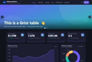 A Grist table rendered as a website-style dashboard by the free Advanced Charts widget from ANUPRESS