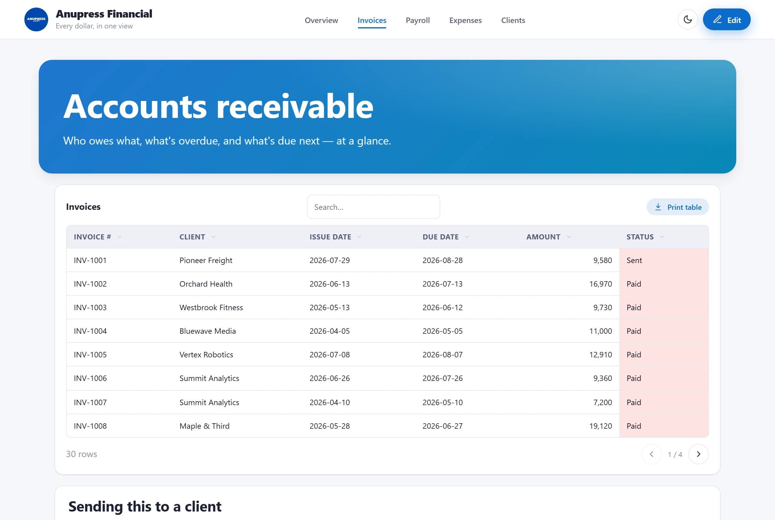 The Invoices page of the Grist finance template with invoices by status and a printable invoice document