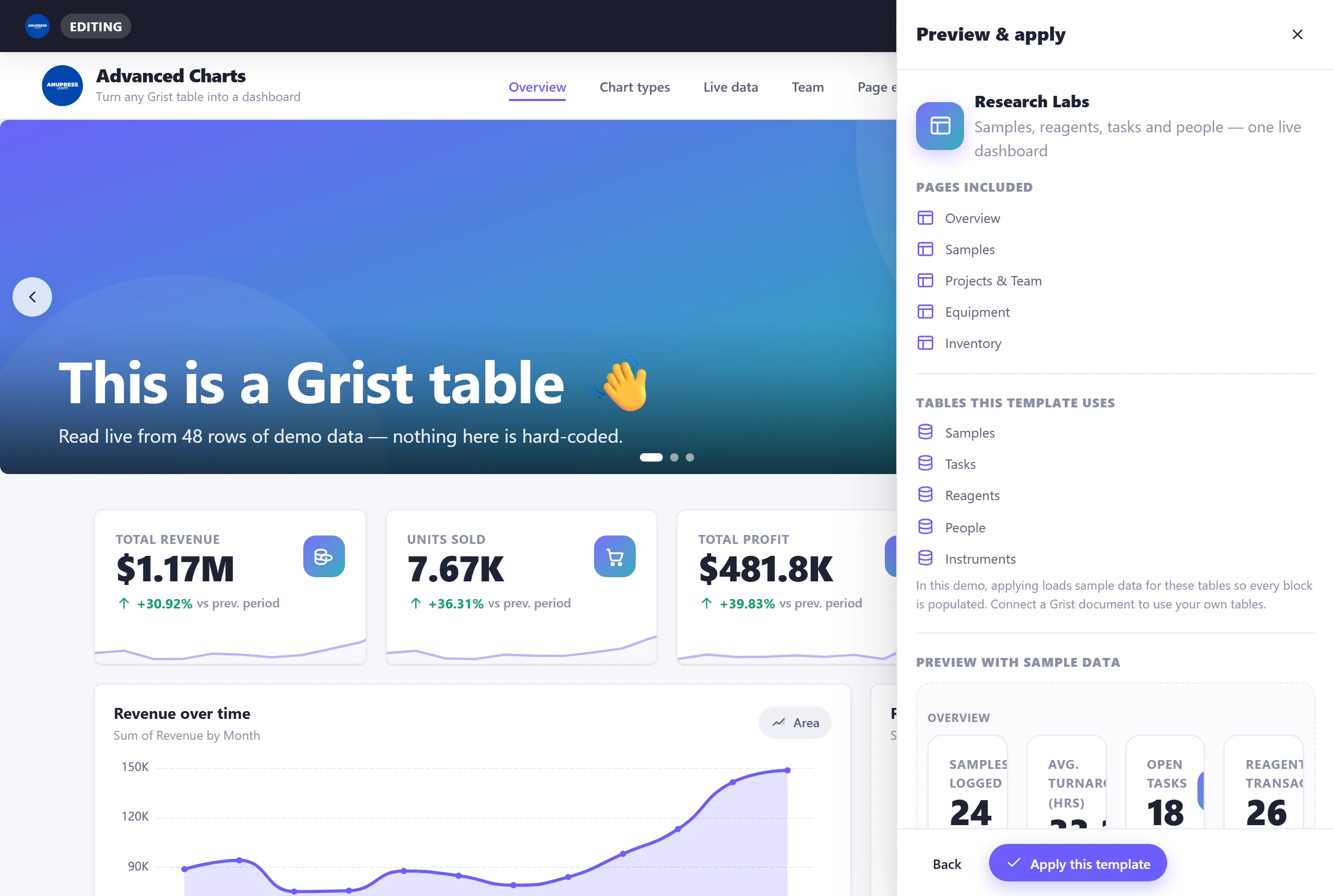 The preview and apply screen for a Grist dashboard template, showing pages, table setup and a rendered preview with sample data
