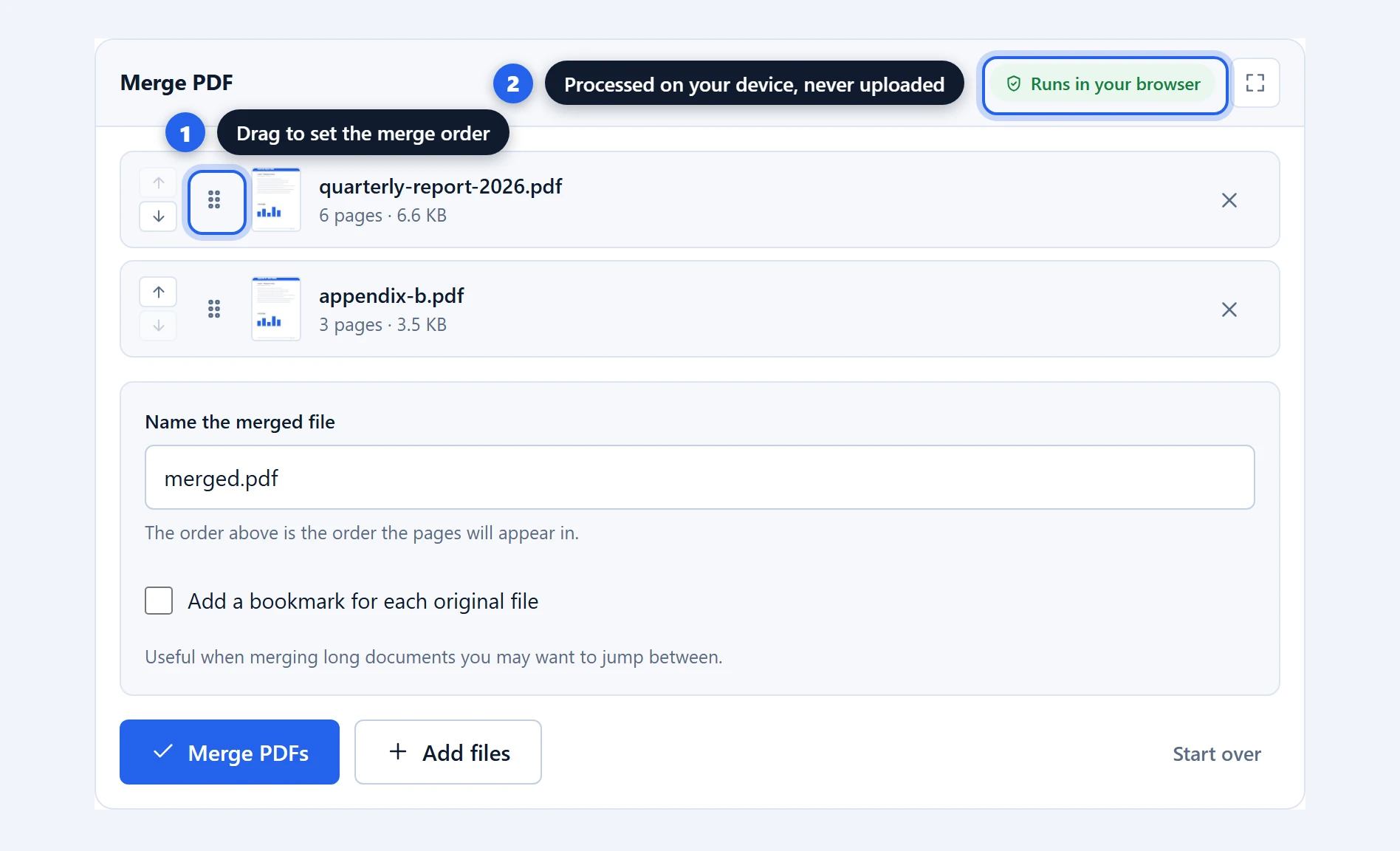 Two PDF files added to the merge tool with page counts and previews