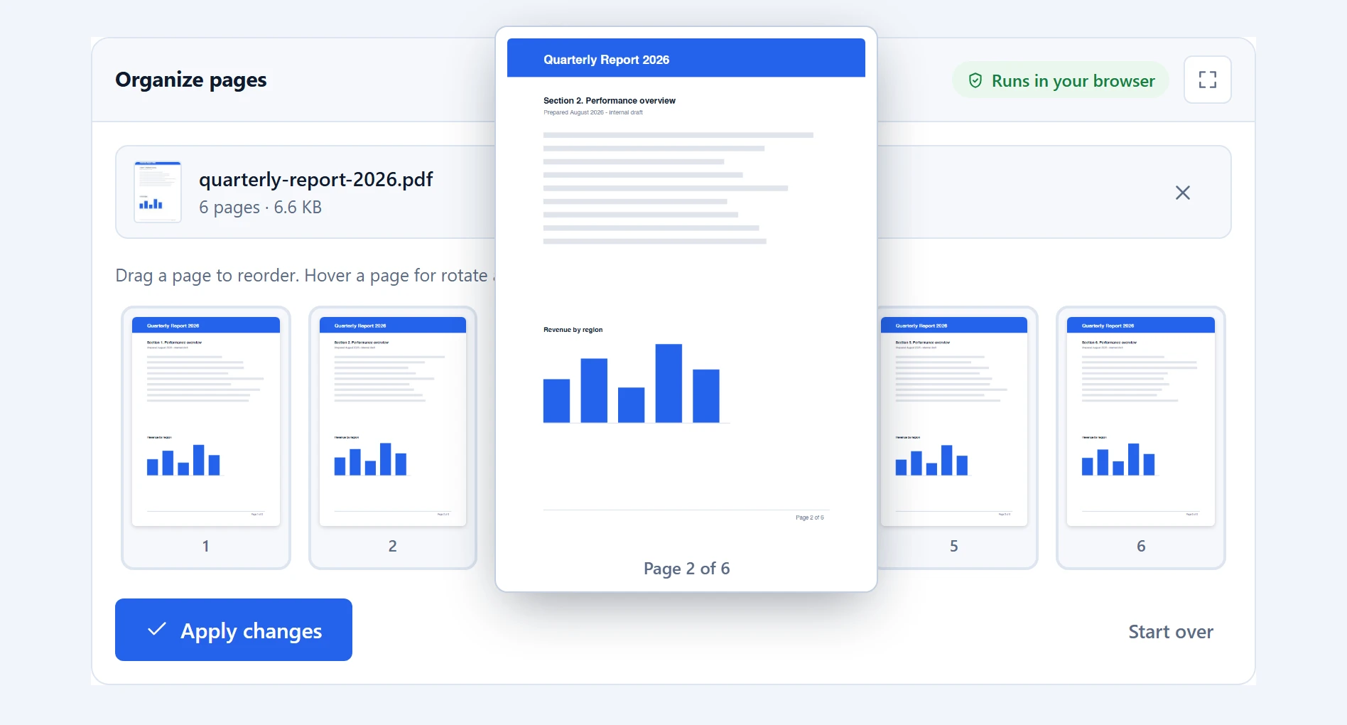 Enlarged preview of a PDF page shown while hovering its thumbnail before splitting