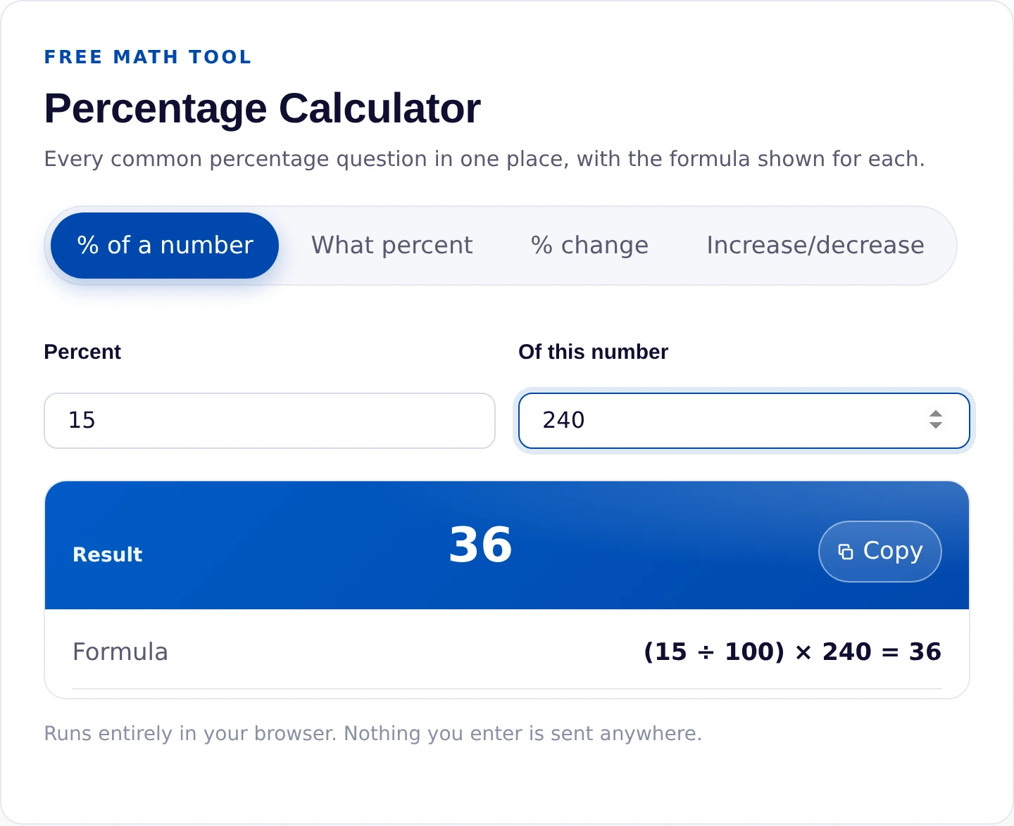 Percentage calculator showing 15 percent of 240 equals 36 with the formula displayed
