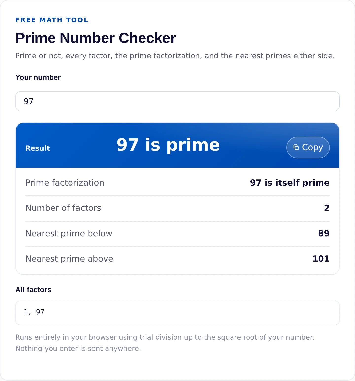 Prime number checker confirming that 97 is a prime number