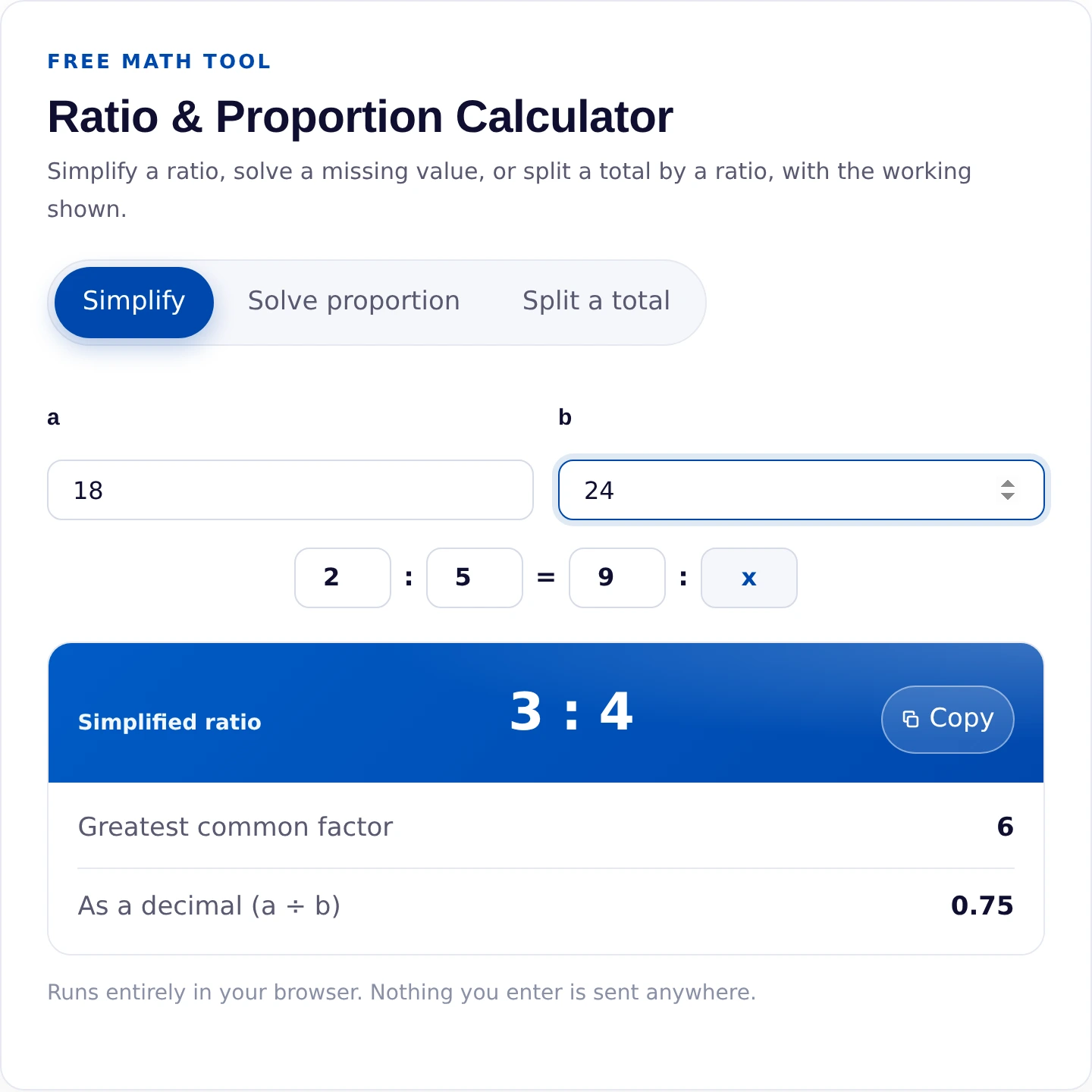 Ratio calculator simplifying 18 to 24 down to 3 to 4