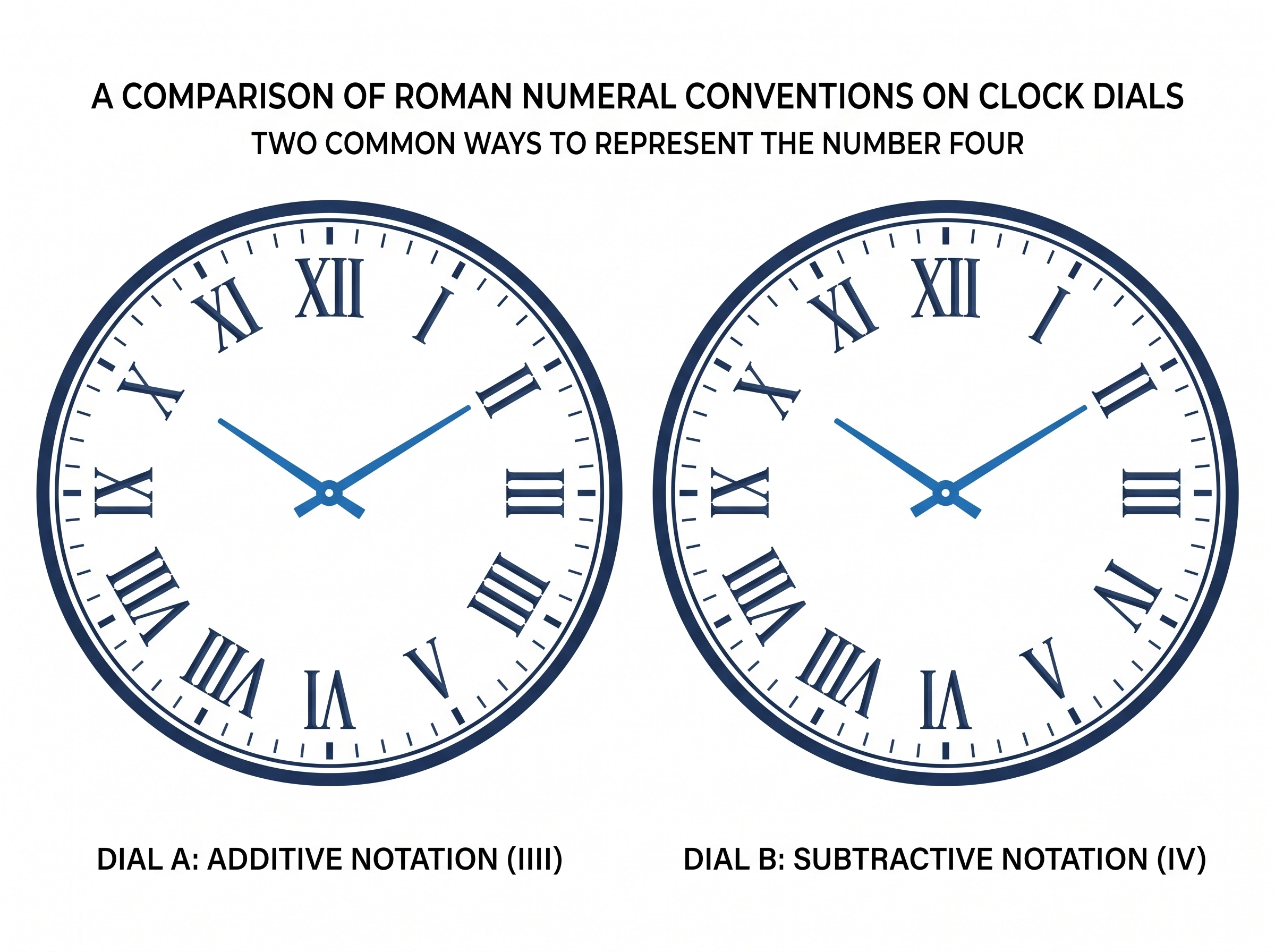 Comparison of two Roman numeral clock faces, one showing IIII at the four position and one showing IV