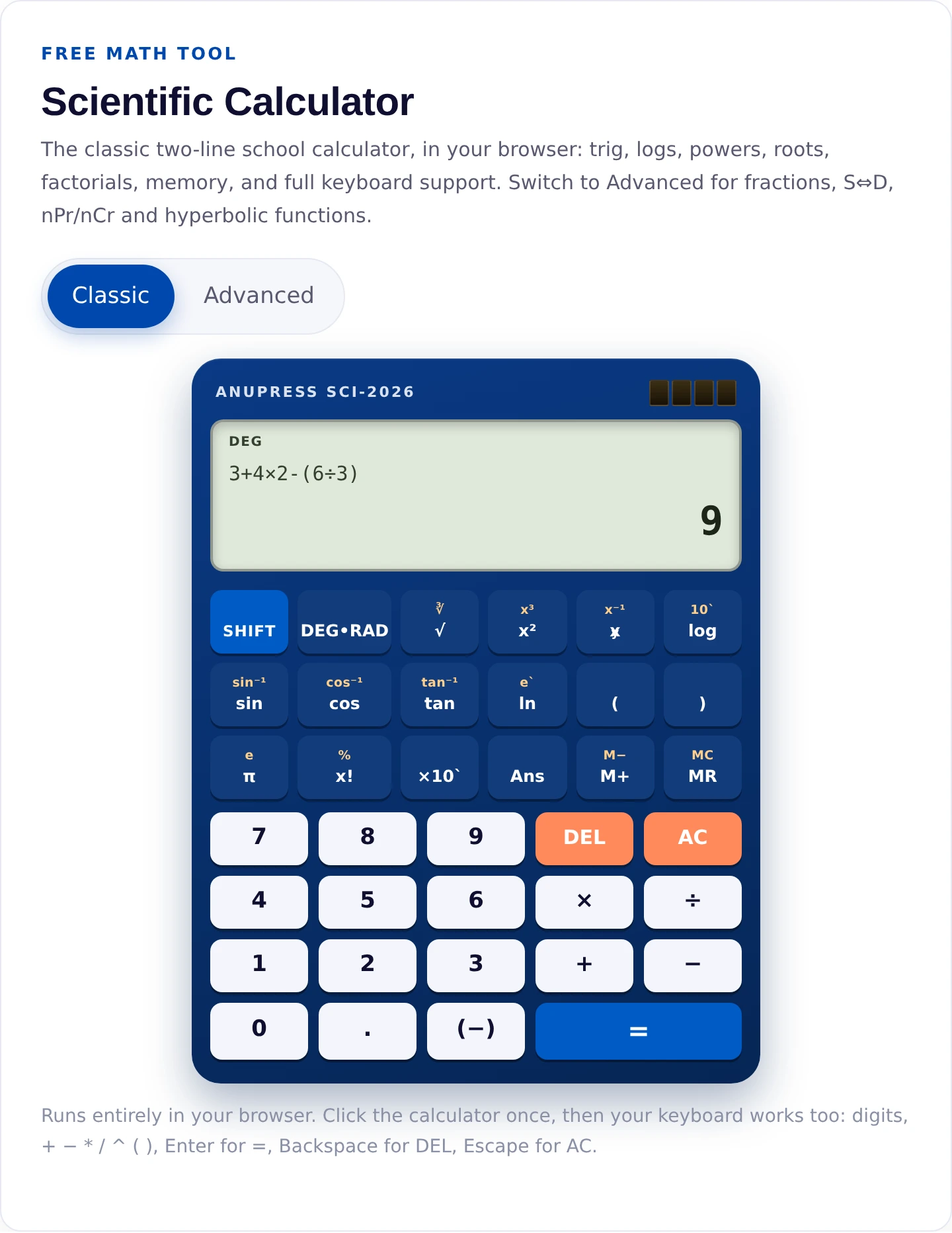 Scientific calculator applying order-of-operations math formulas to evaluate 3+4×2-(6÷3) as 9