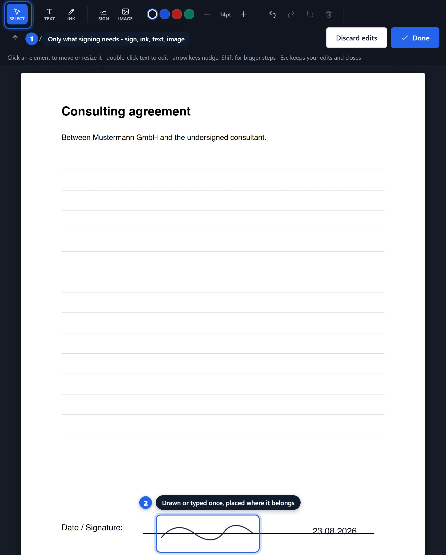 The PDF signing view with a hand-drawn signature placed on a contract signature line
