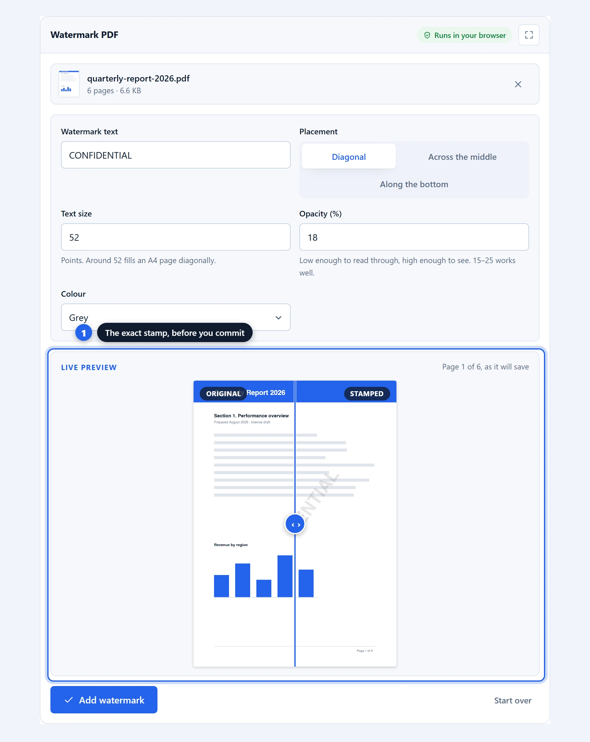 Live preview comparing the original page with a CONFIDENTIAL watermark stamped across it