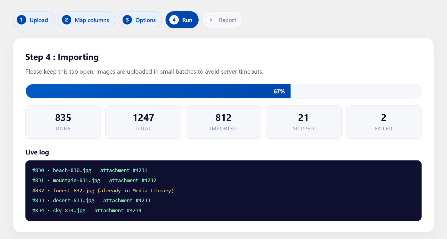 Progress screen during a bulk upload of images to WordPress showing 835 of 1247 done