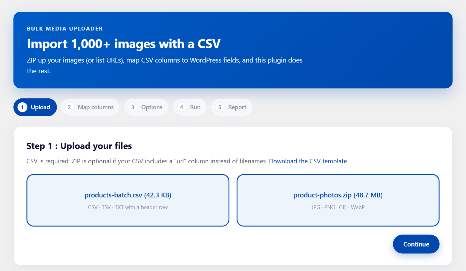 Bulk media upload plugin screen with a CSV and ZIP file ready to import into WordPress