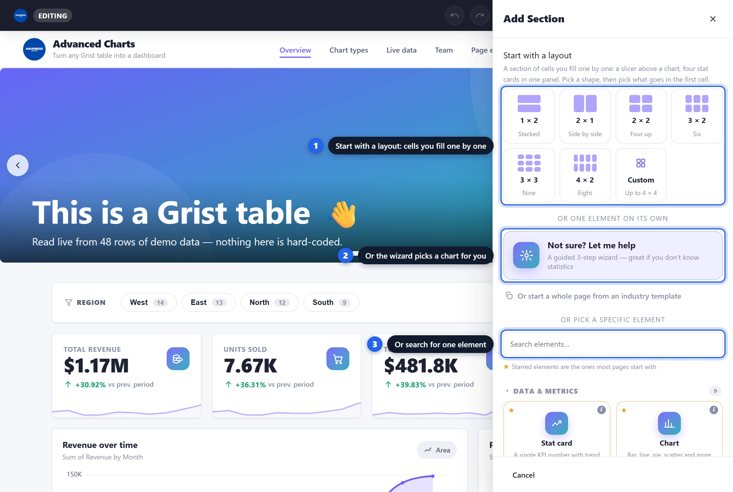The Add Section panel in the ANUPRESS Grist widget: a row of layout tiles, the guided wizard entry, the search box and the categorised block types