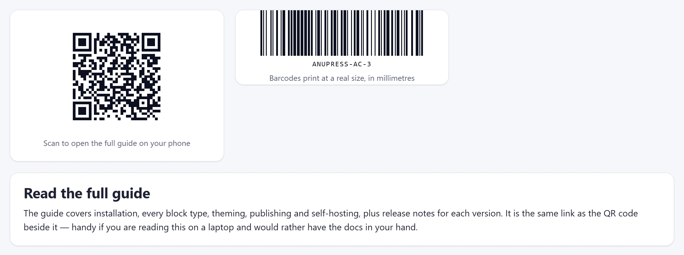 A QR code block and a Code 128 barcode block side by side on the demo's Get started page in the ANUPRESS Grist widget