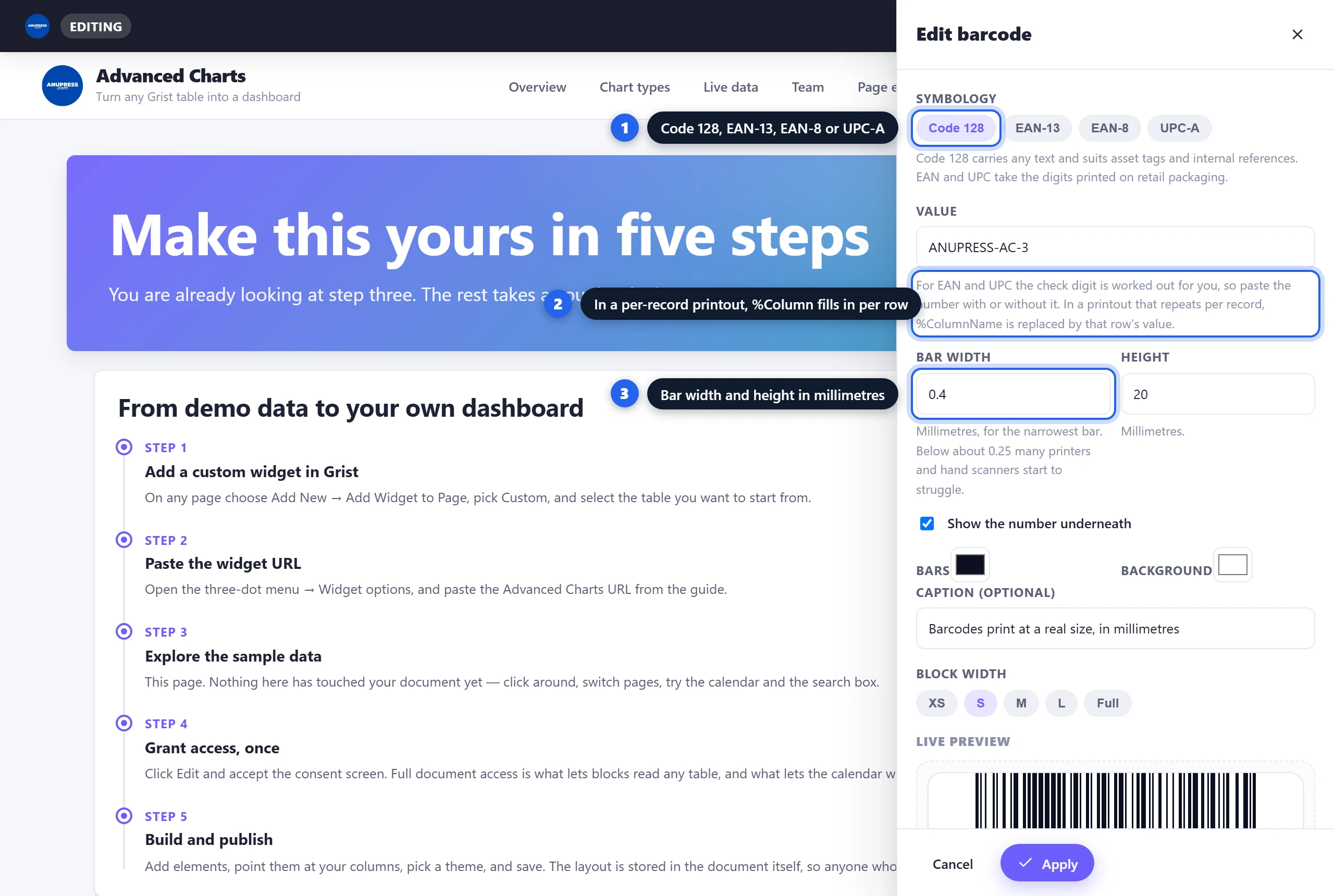 Grist tutorial: the barcode editor with the four symbologies, the %ColumnName hint and the bar width and height fields in millimetres