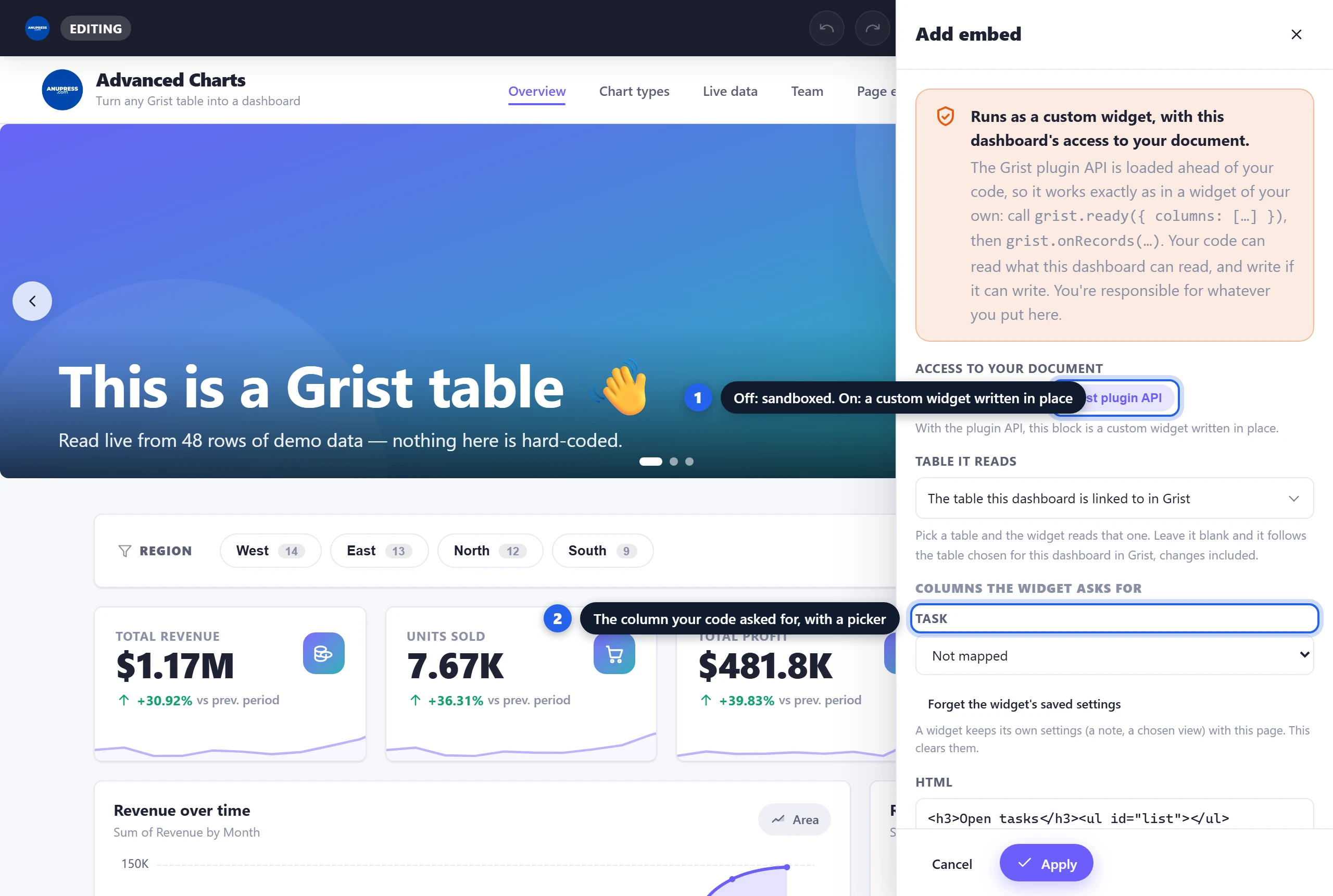 Grist tutorial: the HTML/CSS/JS block editor with Grist plugin API access switched on, the access note, the table list and a picker for the Task column the code asked for