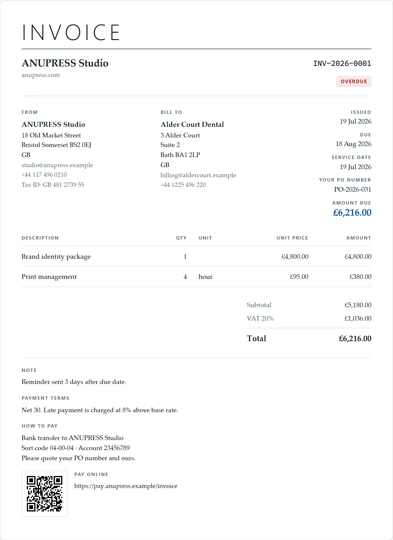 The creative or marketing agency starter document of the Grist invoice widget: a headline layout with a PO number field