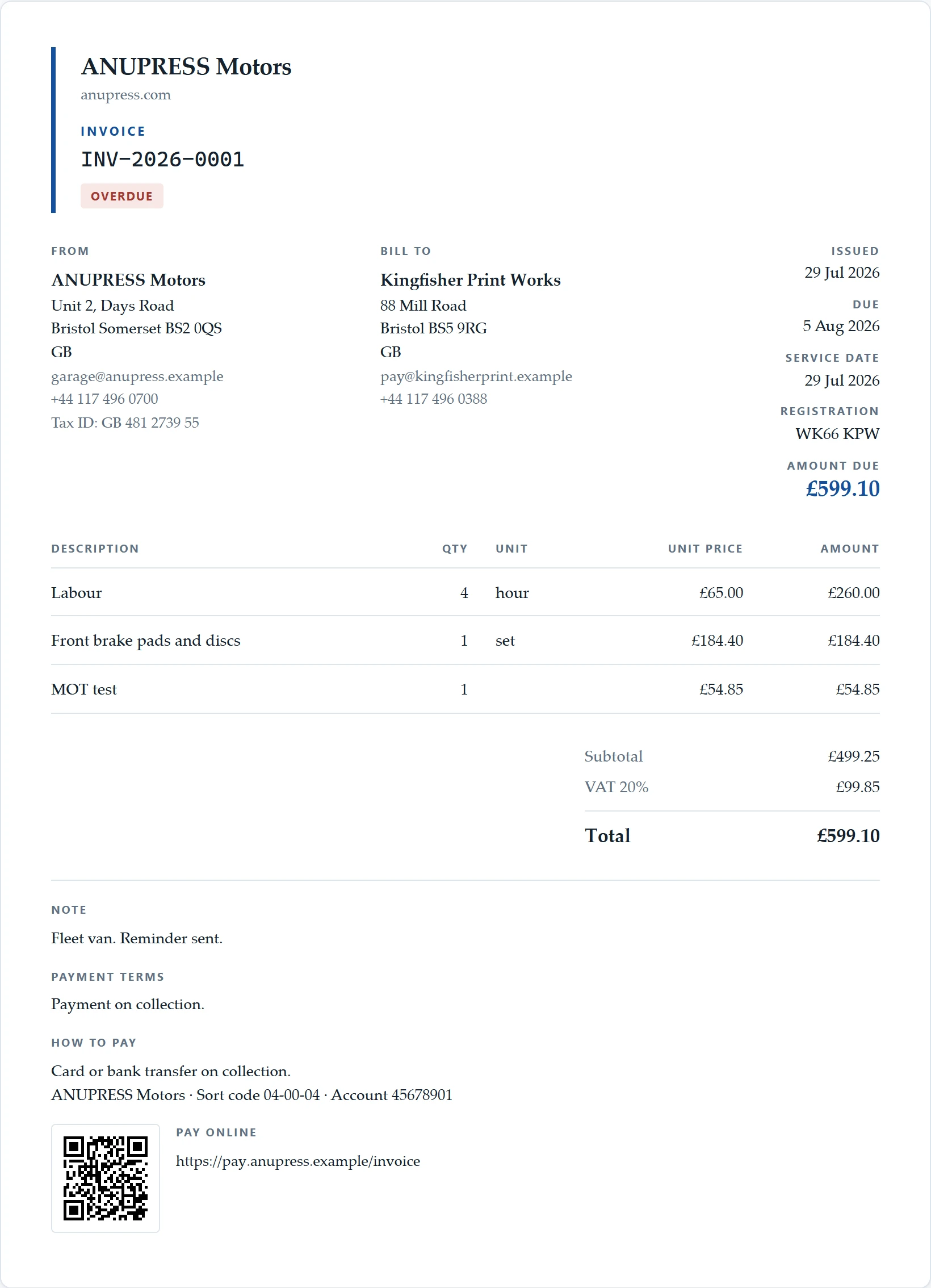 The vehicle repair starter document of the Grist invoice widget: a rail layout with the registration as the reference