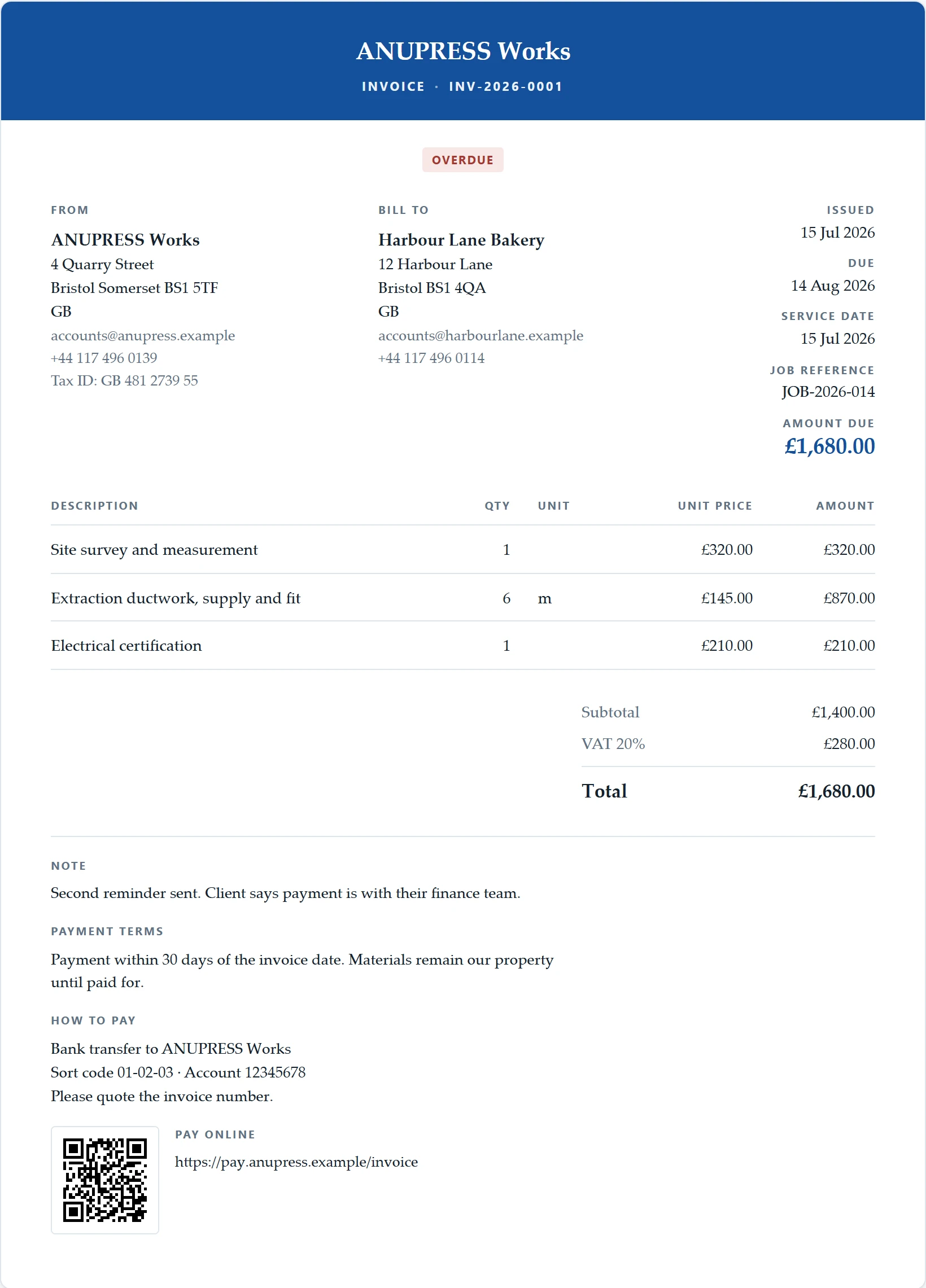 The construction and trades starter document of the Grist invoice widget: a banded invoice with a job reference