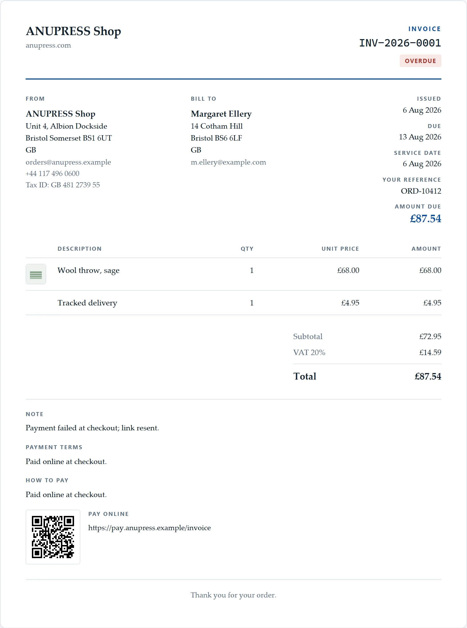 The online shop starter document of the Grist invoice widget: an order invoice in the classic layout