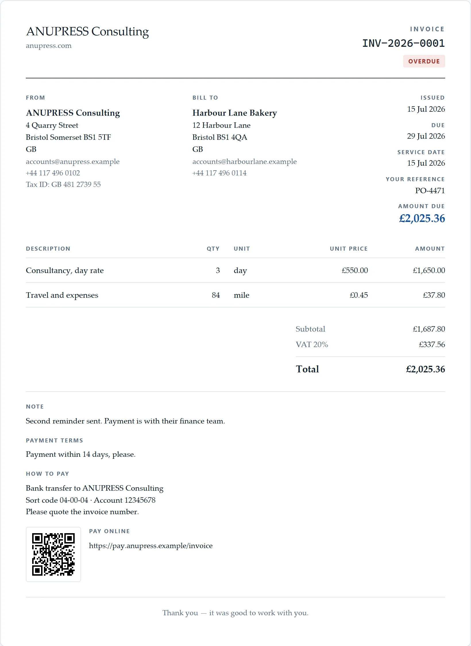 The freelancer or consultant starter document of the Grist invoice widget: a minimal invoice with a day rate line