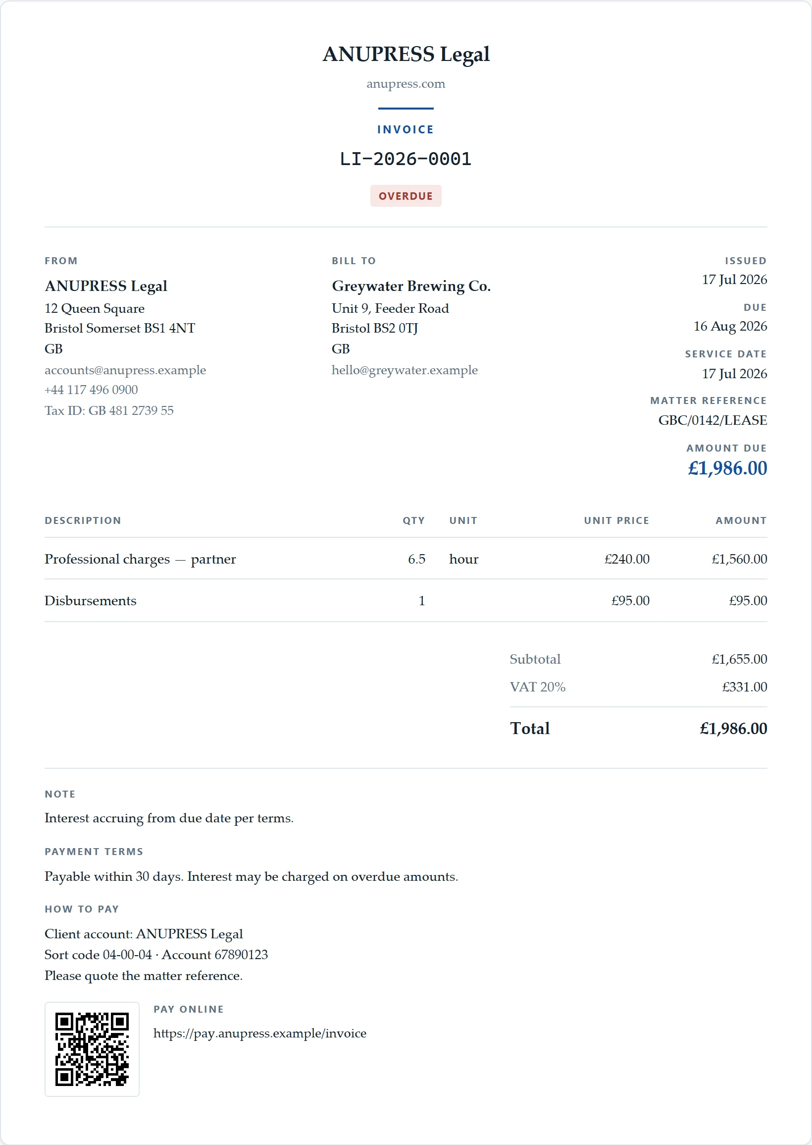 The legal practice starter document of the Grist invoice widget: a centred invoice with a matter reference