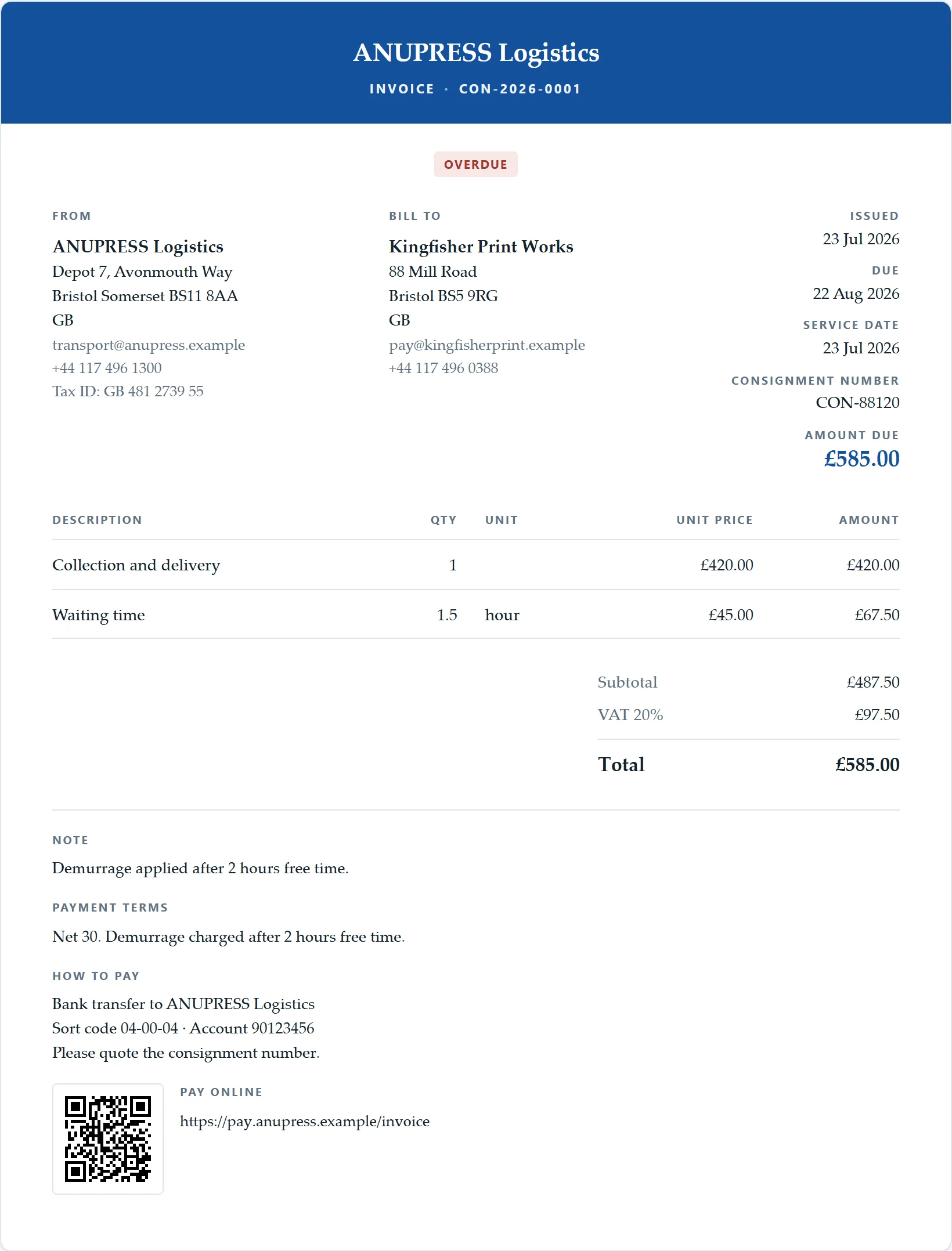 The haulage and logistics starter document of the Grist invoice widget: a banded invoice with a consignment number